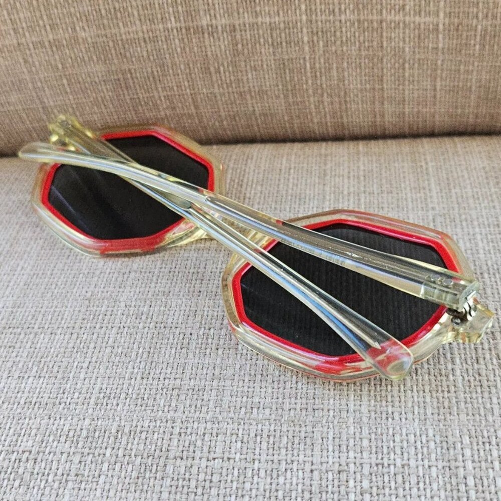 Vintage Sunglasses Clear/Red Tone Frame Unisex Hexagonal Eyewear - Picture 4 of 13